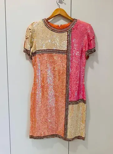 Vintage 80s Silk Sequin Pink Cocktail Dress Medium Fit Knee Length Sparkle Shine Size 6