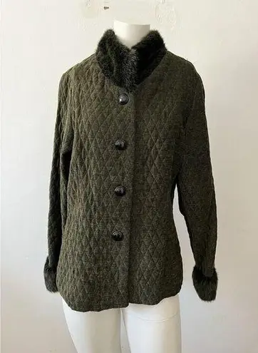 beluva San Francisco Olive Green Fur Collar Quilted Art Deco Jacket Medium Size L