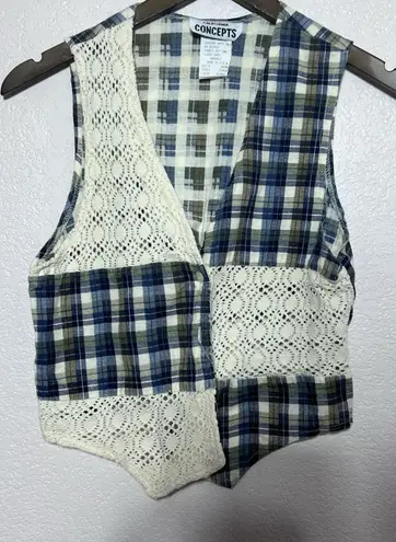 Vintage Granny Crochet Plaid Boho Vest Size S / M 70’s With Buttons Blue Size M