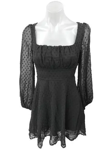 NEW WDIRARA Black Swiss Dot Puff Long Sleeve Mini Fit & Flare A