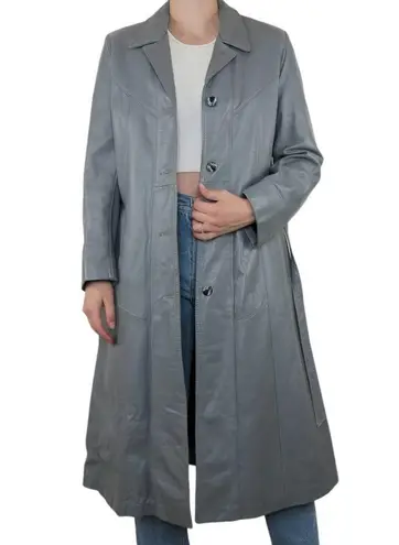 Vintage 70s Reed Sportsman Grey Leather Belted Trench Coat Size M