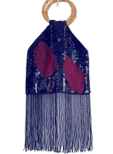 Vintage 90s Fringe Beaded Sequin Feather Bamboo Handle Bag, Burgundy Black
