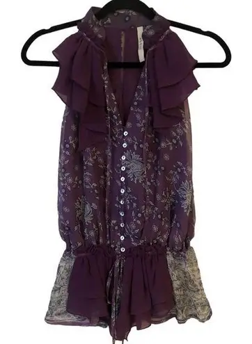 Ark & Co. FLORAL PURPLE SLEEVELESS OPEN BACK PEPLUM V NECK RUFFLE DETAIL TOP S