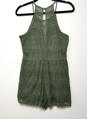 Pink Rose lace boho romper racer back olive green size L