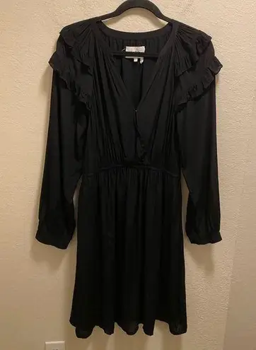 Ba&sh Black Long Sleeve Ruffle Detail Split Neck Crossover Mini Dress Size L