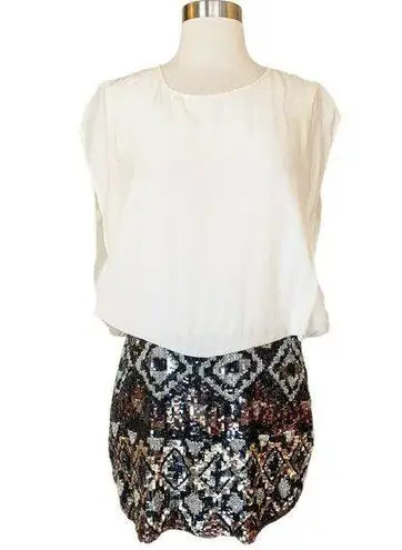 Cocktail Silk Dress Ivory Blouson Embellished Sequins Skirt Multimedia Large NWT
