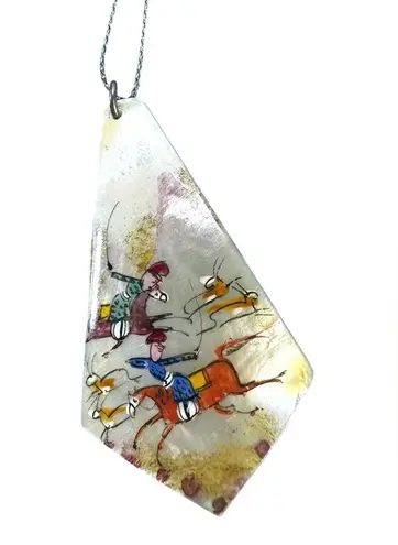 Antique Persian Hand Painted Mother Of Pearl Shell Pendant Nomadic Hunting Scene