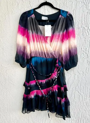 Tanya Taylor  Valeria Tie-Dye Silk Tiered Ruffle Faux Wrap Dress Black/Pink US 2