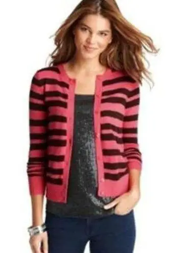 Loft NWT Ribbon Stripe Crewneck Cardigan Sweater Pink, Brown Rabbit Hair - Sz Medium