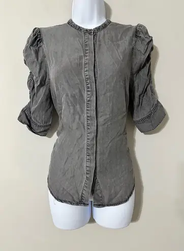 Muche Muchette Women's Gray Puff Sleeve Button Up Shirt Top Tencel Size S/M Size M