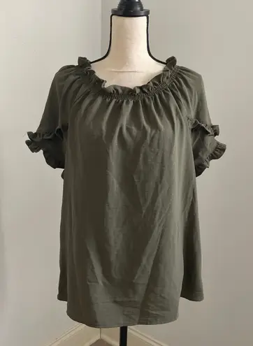Como vintage Olive Green Ruffle Trim Top Bow Tie Neck Blouse Medium