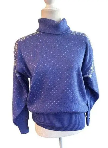 Vintage MEISTER Turtleneck Sweater Wool Blend Periwinkle blue white details Sz M Purple Size M