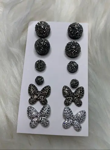 6 Butterfly & Ball Stud Earrings Dark Silver // Lot, Bundle, Set