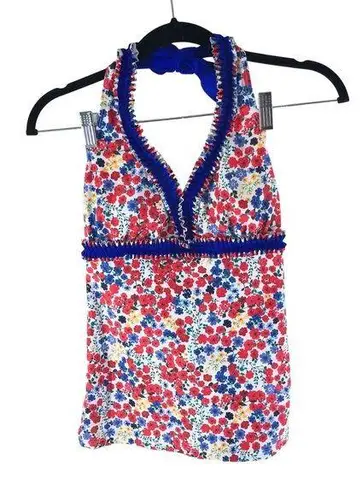 Beachsissi Tankini Top Removable Cups Halter Ruffle Floral Red Blue S