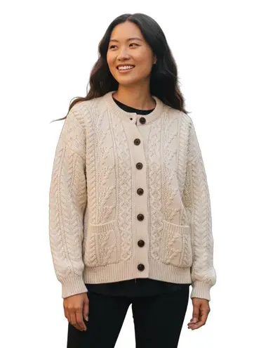 VTG British Wool Chunky Oversize Wool Cable Knit Cardigan Sweater Sz S Ivory White