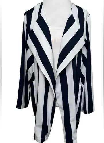 Elodie Navy Stripe Trendy Open Front Blazer Jacket Long Sleeve Size Medium