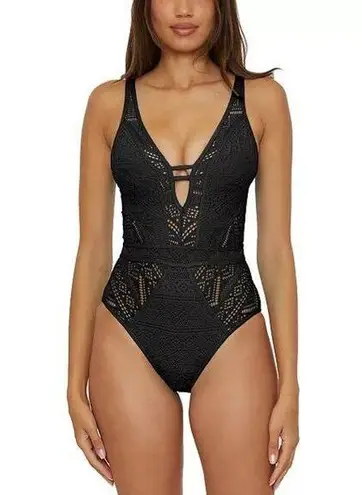 BECCA by Rebecca virtue Becca Rebecca Virtue Color Play Black Crochet Plunge One-Piece Swimsuit Size L
