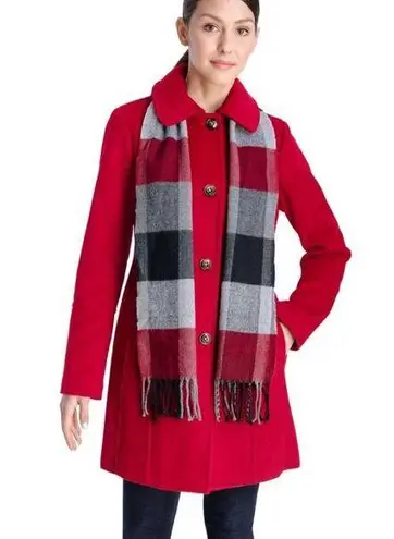 London Fog Women's Peacoat Size Small Red Wool Blend Winter Coat Fringe Scarf