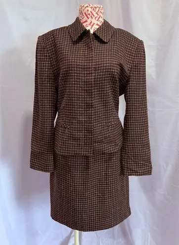 Vintage Y2K Georgiou Studio Skirt Suit Brown Windowpane Blazer Office Size 14,10