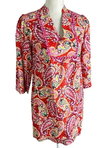Boden Evangeline Linen Tunic Dress in Red Pop Mexican Paisley Size 4 petite