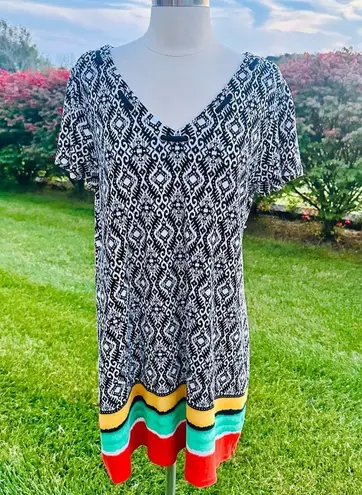 Rafaella Petite Dress Black and White design with yellow, green and red stripes