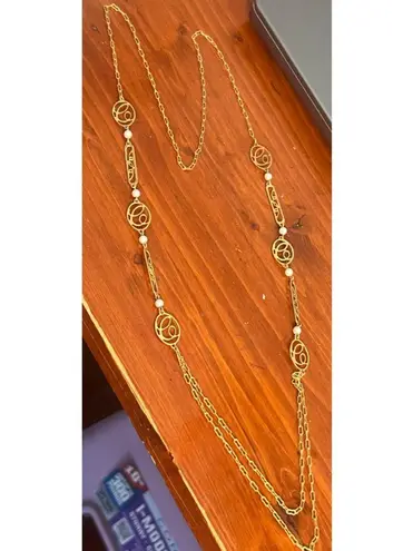 Vintage Gold Tone Avon Necklace Script Initial C Faux Pearl No Clasp Estate 31"