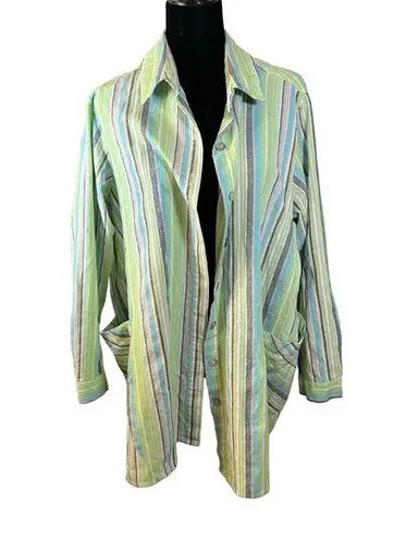 For Cynthia Woman Blue Green Cream Stripe Button Down Shirt Jacket Shacket 1X