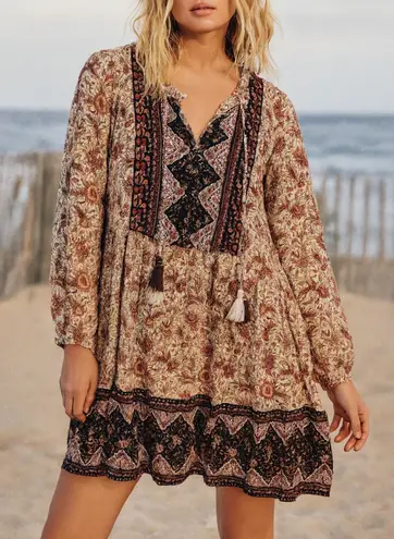 Frye and Co sz L Womens 100%Rayon Long Sleeve Patchwork Floral Dress Boho Hippie Size L