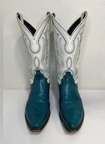 Justin Boots Vintage White and Teal Green Lizard Stitch Detail Western Boots 6.5