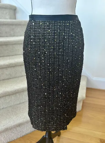 Doncaster Black Wool Boucle Tweed Metallic Gold Sequin Pencil Skirt