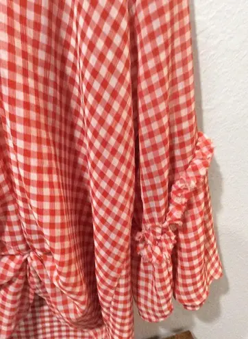 Pleione Large L tie front red checked sheer top ruffled long sleeve womens