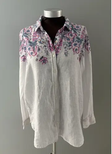 Joules Linen Shirt 8 White Floral Jeanne Print Lightweight Beach Lagenlook