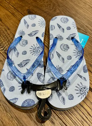 Let’s Go. Women's flip flops sandals shoes - sea shells - white and blue - NEW - never worn. Size 7/8. Medium. Perfect and cute!  Soft