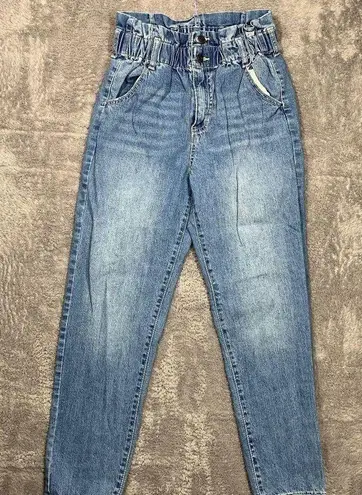 SO Women’s High Rise Mom Jeans Size 7/28 Blue Paperbag Waist Stretch Denim