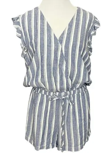 Cloth & Stone  Zumba Beach Linen Romper Blue and White Striped Ruffle Sleeve  S - Image 1