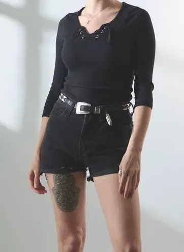 Women’s Black Tie Front Lace Up Quarter Sleeve Top Size XS