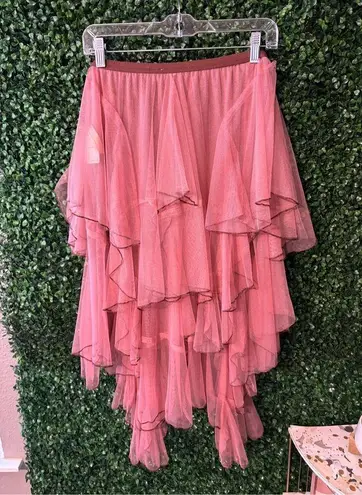 Free People FP ONE  Net Godet Half Slip Midi SKIRT Sz XS Pink Sheer Tulle Ruffled