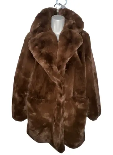 K Zell Paris Coat Womens Small Brown Faux Fur Plush Lined Pockets Notch Lapel