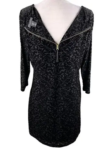 Adrienne Vittadini Dress Black Large Embossed Velvet 3/4 Sleeves Back Zip