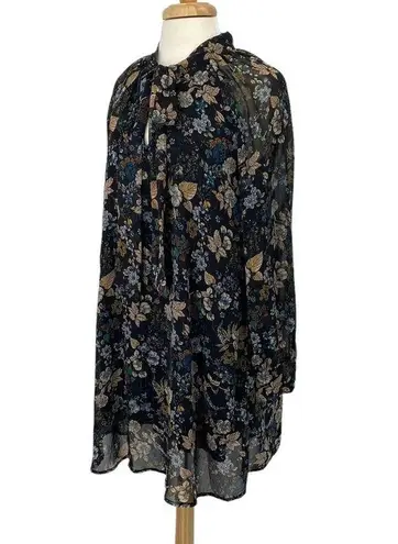 Moon River Mini Dress Tie Bow Neck Navy Allover Floral Print Womens Medium