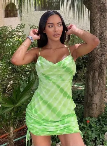 H:ours Fidelity Ruched Cowl Neck Adjustable Mini Dress Green Tie Dye