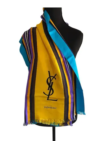 Yves Saint Laurent Multi Color Striped Silk Scarf Shawl Wrap 17”x 64” Vintage Blue