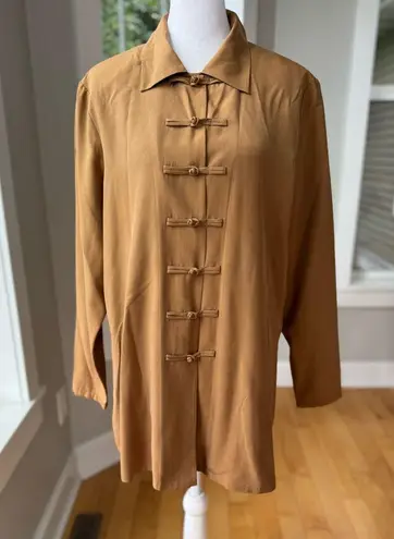 Vintage August Silk Tan Brown Silk Tunic Asian Style Jacket Dress Shirt Size 12