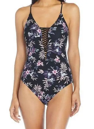 Ambrielle | NWT | Medium | One Piece Swimsuit Black Pink Silver Floral Pattern