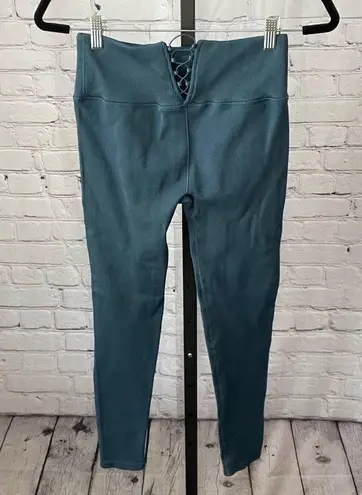 Blue Ribbed Leggings Cinched Waist Detail