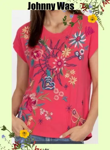 Johnny Was Rose Red Graphic Embroidered Cap Sleeve Tee size 2X