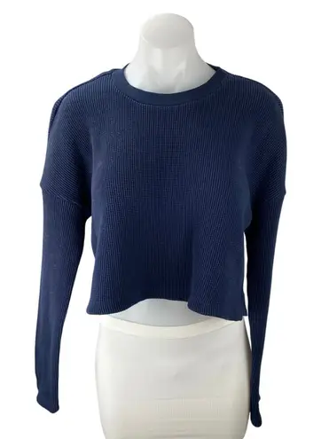 ONIA Women's Navy Blue Waffle Knit Crewneck Long Sleeve Crop Sweater Top Sz S/P