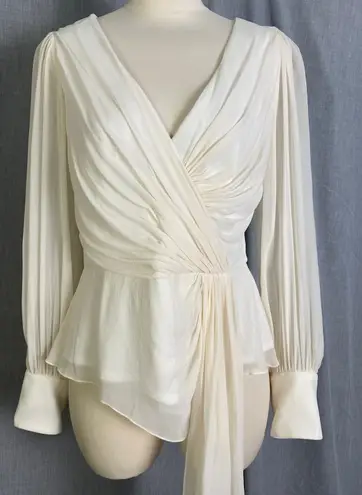 Tadashi Shoji Vintage Tadashi 100% Silk Ivory Draped Wrap Blouse Sheer Chiffon Sleeves S 10