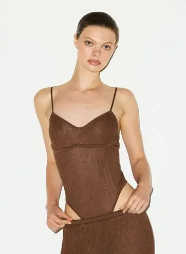 SKIMS Sheer Knit Cami Bodysuit in Bison, Size Small