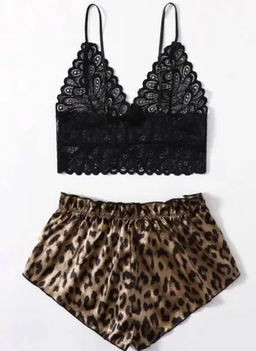 Boutique Black & Leopard Print, Lace & Satin, Lingerie Set